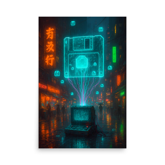 Neon-lit futuristic cityscape with computer hardware elements. Retro poster.