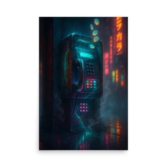 Neon-lit phone booth in a futuristic cityscape with glowing signs and reflections on a wet street. Retro poster.