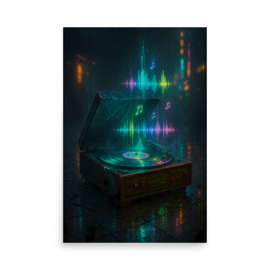 Futuristic vinyl music console with glowing sound waves and notes on a dark background. Retro poster.