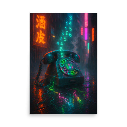 Neon-lit telephone on a wet street with glowing numbers and signs. Retro poster.