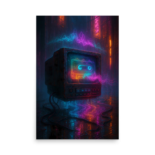 Vintage cassette player with neon lights in a dark, urban setting. Retro poster.