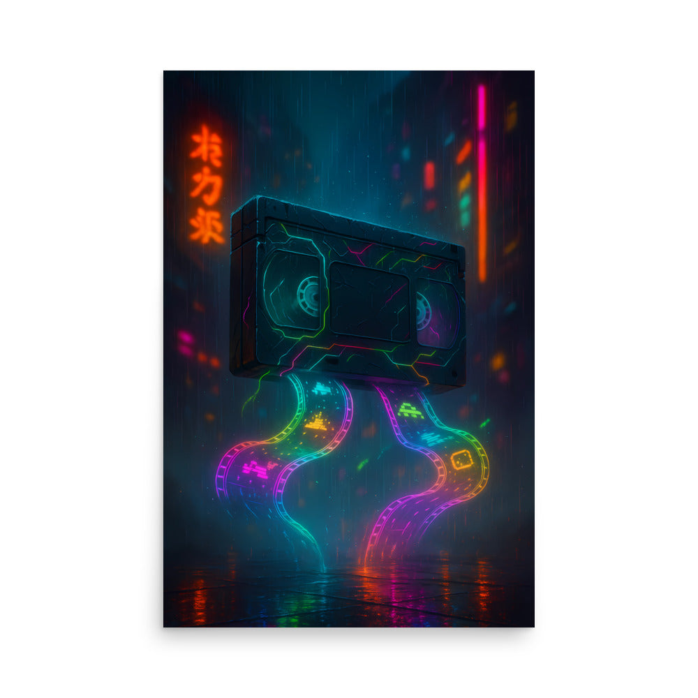 Neon VHS cassette tape design with colourful abstract patterns on a dark background poster.