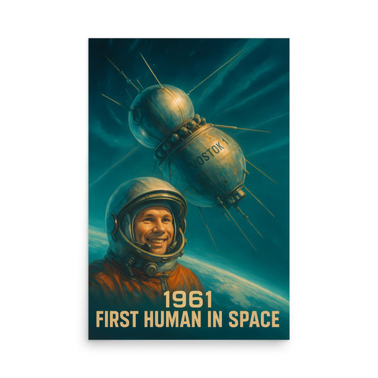 Poster of an astronaut with a space satellite and '1961 First Human in Space' text on a blue background. Space race poster.