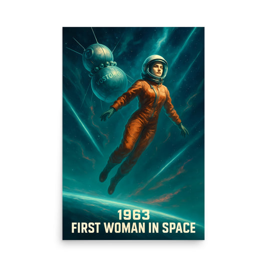 Poster of an astronaut in space with text '1963 First Woman in Space' on a dark green background. Space race poster.