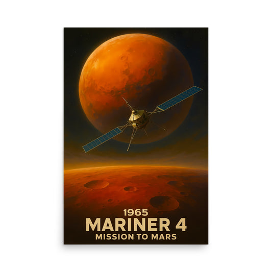 Poster of Mariner 4 mission to Mars with spacecraft and red planet in the background. Space race poster.