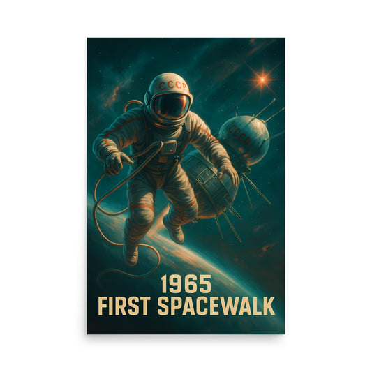Poster of an astronaut in space with Earth in the background, labeled '1965 First Spacewalk'. Space race poster.