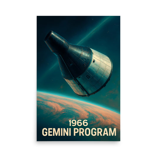 Space capsule over Earth with '1966 Gemini Program' text on a white background. Space race poster.