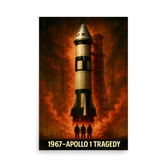 Artistic depiction of an Apollo 1 rocket with two figures in front, set against a fiery background. Space race poster.