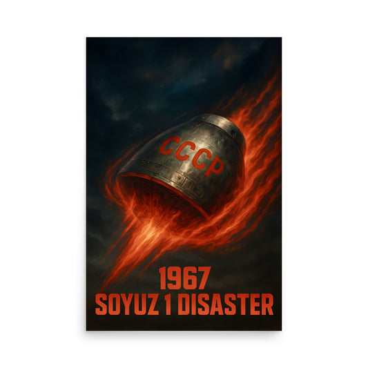 Soyuz 1 space capsule with 'CCCP' and '1967 Soyuz 1 Disaster' text on a dark background. Space race poster.