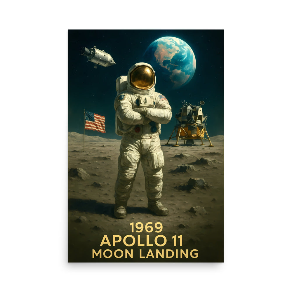 Poster of an astronaut on the moon with Earth in the background, featuring the Apollo 11 moon landing. Space race poster.