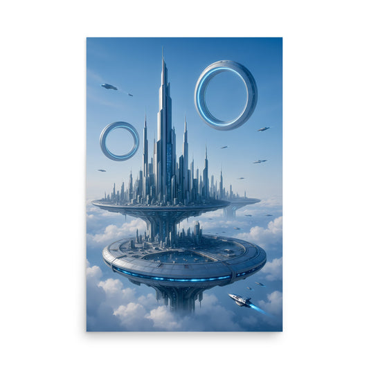 Futuristic cityscape with towering buildings and reflective water surface. Futuristic Sci-Fi Cityscapes.