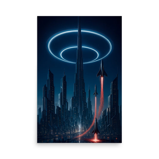 Futuristic cityscape with a spaceship and glowing ring. Futuristic Sci-Fi Cityscapes.