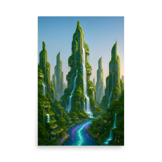 Futuristic eco cityscape with tall buildings and waterfalls on a white background. Futuristic Sci-Fi Cityscapes.