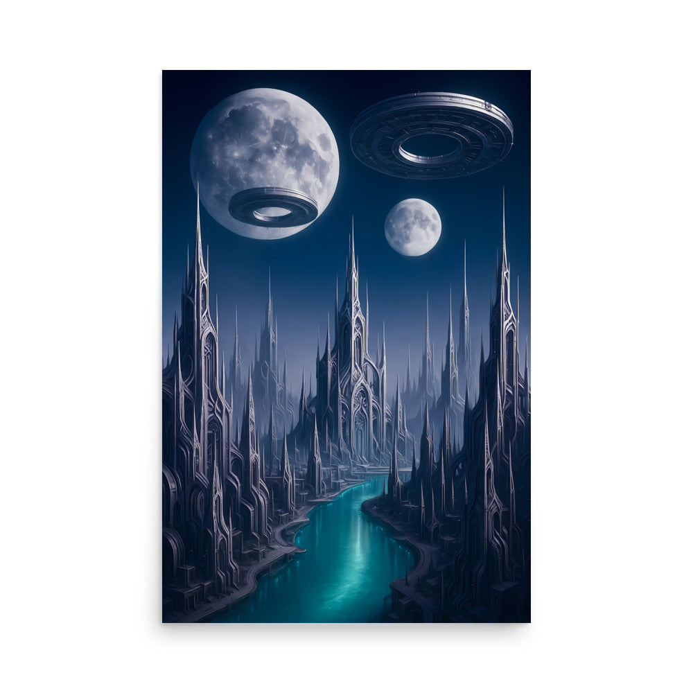 Futuristic cityscape with tall buildings and a UFO flying over, set against a dark blue sky with moons. Futuristic Sci-Fi Cityscapes.