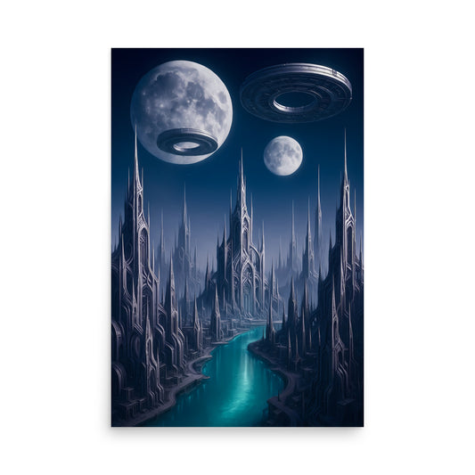 Futuristic cityscape with tall buildings and a UFO flying over, set against a dark blue sky with moons. Futuristic Sci-Fi Cityscapes.