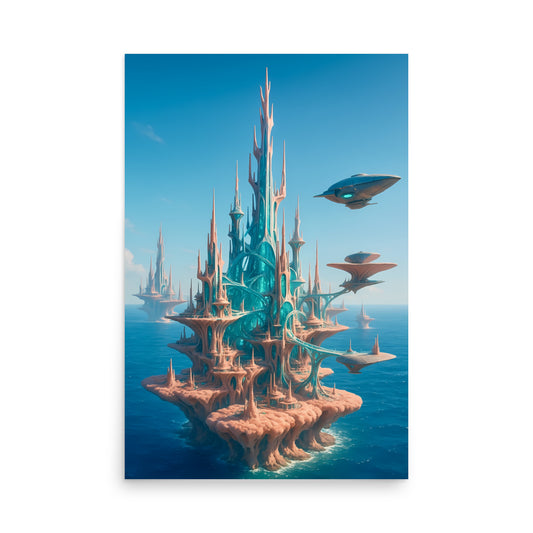 Futuristic coral city with flying saucers against a blue sky. Futuristic Sci-Fi Cityscapes.