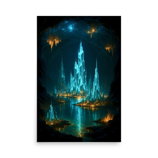 Fantasy castle with glowing blue lights in a dark, otherworldly landscape. Futuristic Sci-Fi Cityscapes.