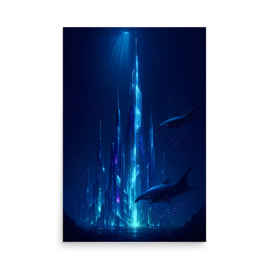 Underwater scene with a glowing blue light and dolphins in the dark ocean. Futuristic Sci-Fi Cityscapes.