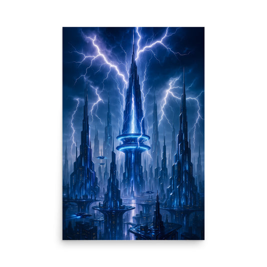 Futuristic cityscape with tall buildings and lightning effects on a white background . Futuristic Sci-Fi Cityscapes.