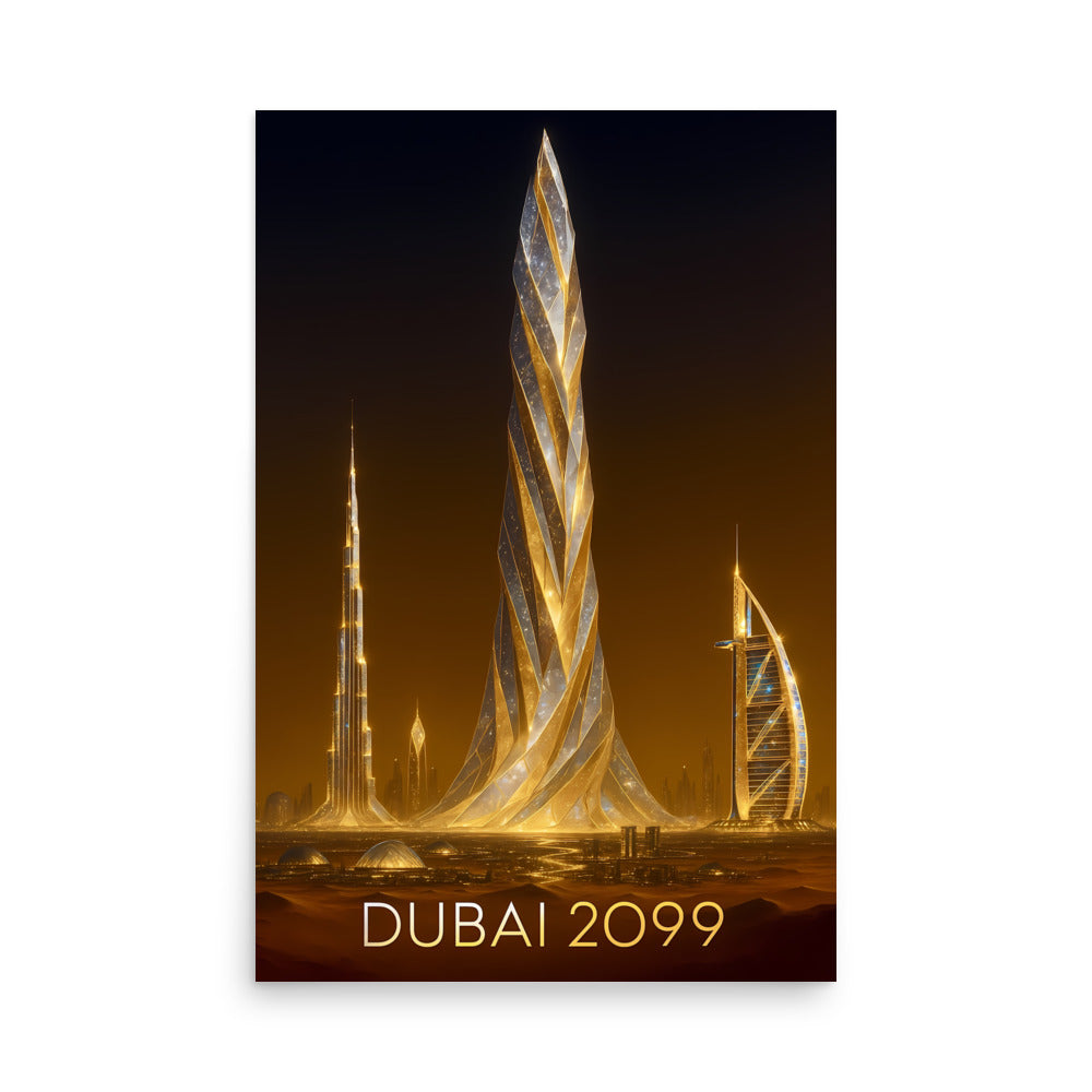 Futuristic cityscape of Dubai with skyscraper Burj Khalifa in Dubai 2099 on a dark background. 