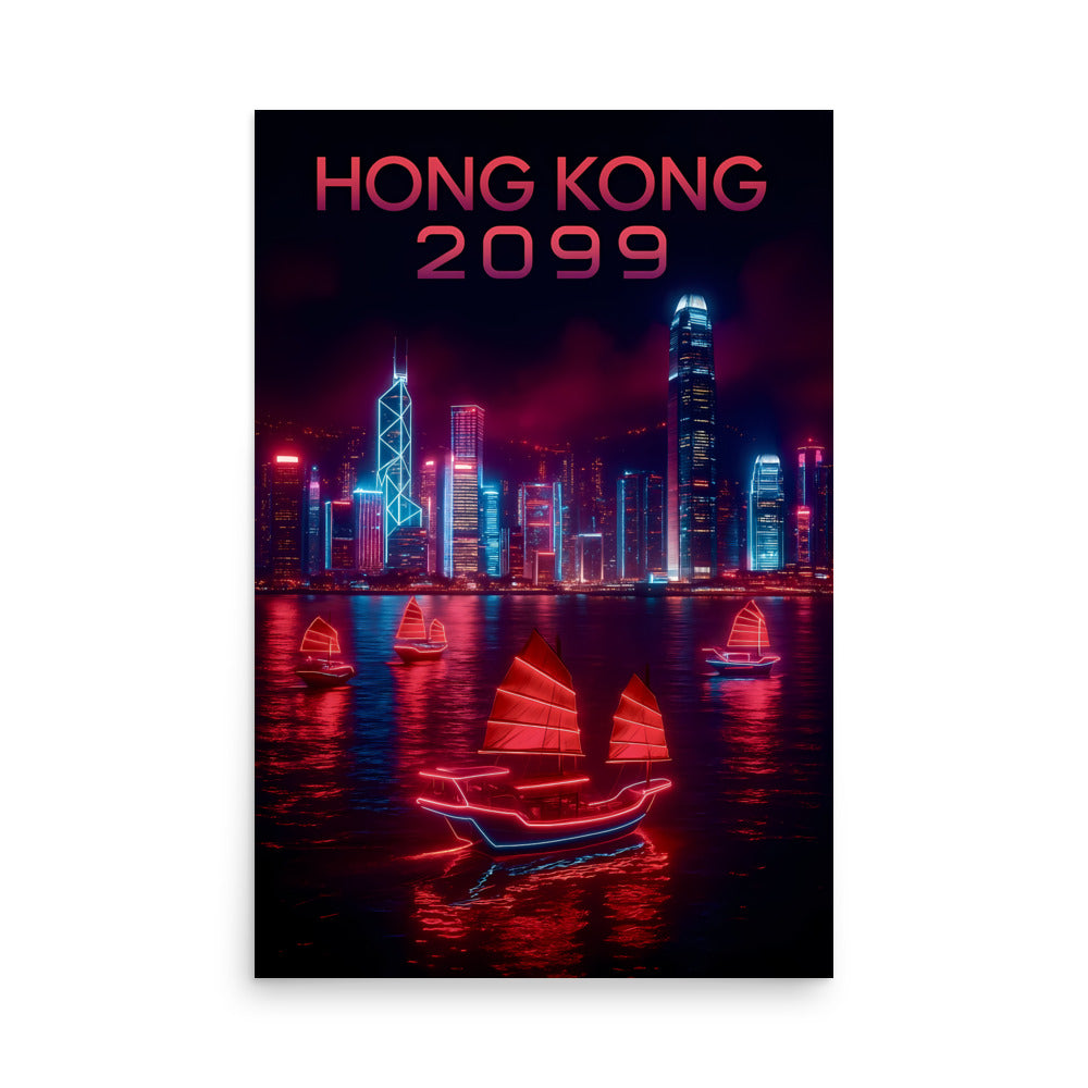 Futuristic cityscape with neon lights and boats at night, labeled 'Hong Kong 2099'.