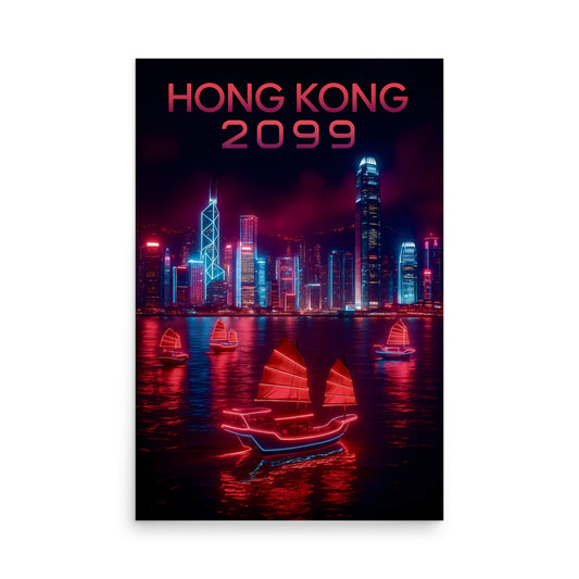 Futuristic cityscape with neon lights and boats at night, labeled 'Hong Kong 2099'.