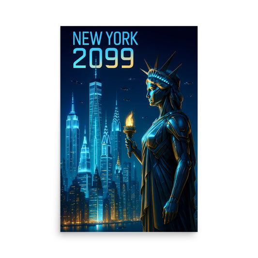 Futuristic Statue of Liberty with skyline and 'New York 2099' text on a dark blue background. New york poster.