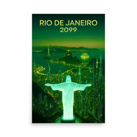 Futuristic cityscape of Rio de Janeiro with the Christ the Redeemer statue in 2099, depicted in green.