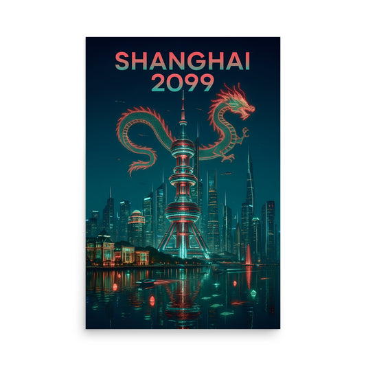 Futuristic cityscape of Shanghai with a dragon design and 'Shanghai 2099' text on a dark blue background.