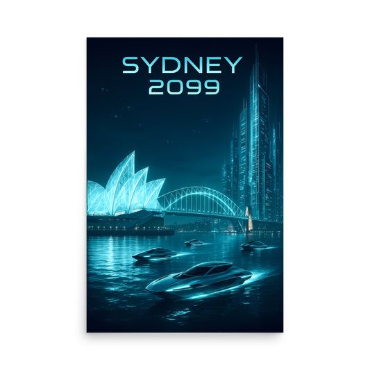 Futuristic cityscape with Sydney Opera House and bridge in 2099, stylized in blue tones.