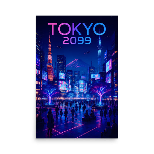 Futuristic cityscape with 'TOKYO 2099' text on a poster.