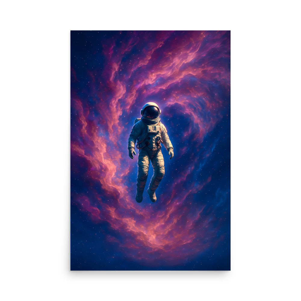Astronaut floating in space with a vibrant pink and purple nebula. Abstract space landscape poster.
