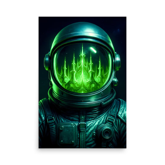 A person wearing an astronaut suit with a glowing green helmet displaying a futuristic cityscape. Abstract space landscape poster.