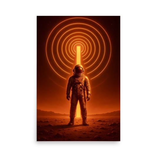 Astronaut standing on a barren landscape with a glowing circular structure in the background. Abstract space landscape poster.