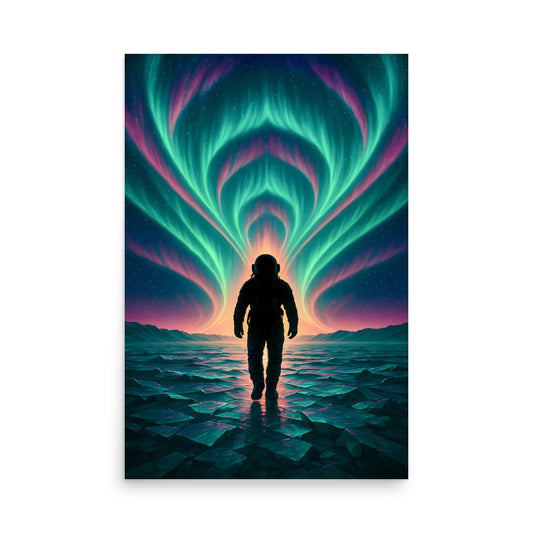 Silhouette of a person against a vibrant Northern Lights sky over water. Abstract space landscape poster.