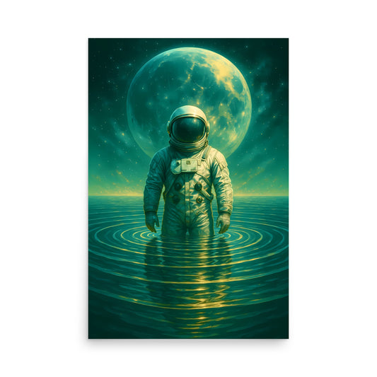 Astronaut standing in water with a large planet in the background. Abstract space landscape poster.