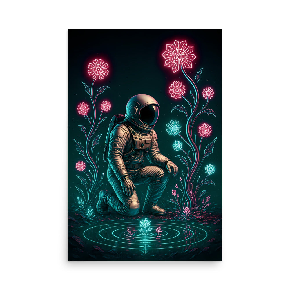 Illustration of an astronaut sitting among glowing flowers on a dark background. Abstract space landscape poster.