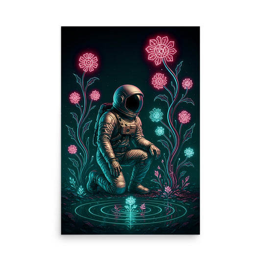 Illustration of an astronaut sitting among glowing flowers on a dark background. Abstract space landscape poster.
