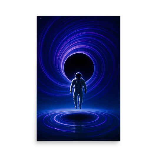 Silhouette of an astronaut walking towards a black hole with blue light effects on a white background. Abstract space landscape poster.