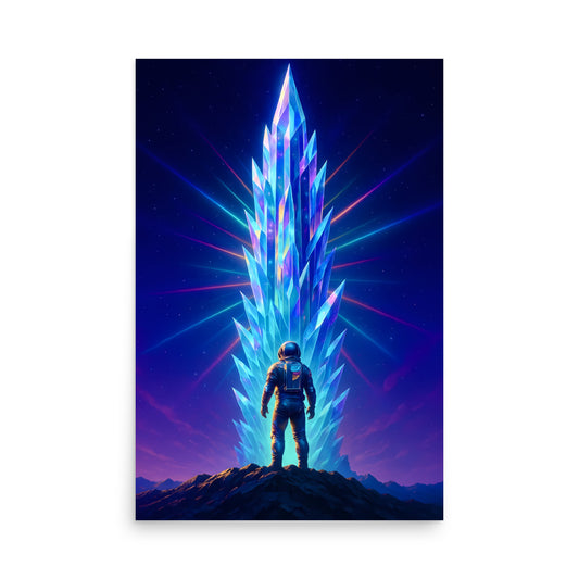 Illustration of an astronaut standing in front of a glowing crystal structure against a starry sky. Abstract space landscape poster.