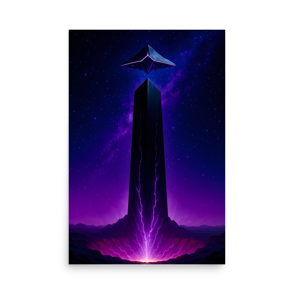 Futuristic tower with a glowing purple light at the top against a starry night sky. Abstract space landscape poster.