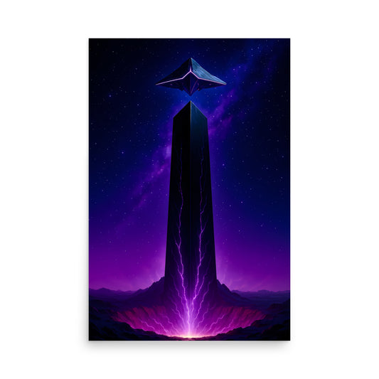 Futuristic tower with a glowing purple light at the top against a starry night sky. Abstract space landscape poster.