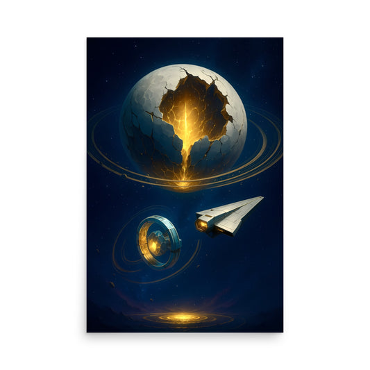 Artistic depiction of a spaceship approaching a glowing planet with Earth's silhouette. Abstract space landscape poster.
