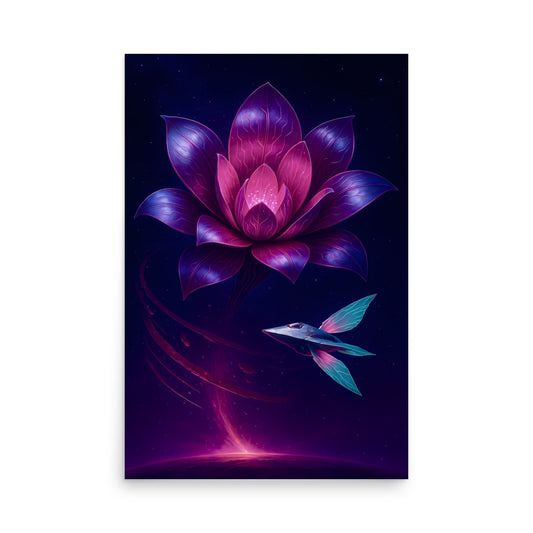Futuristic flower with a spaceship in space. Abstract space landscape poster.
