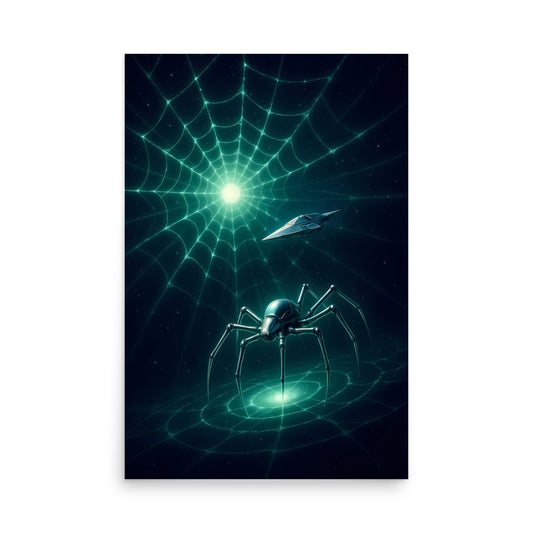 Futuristic spider and web design with glowing green elements on a dark background. Abstract space landscape poster.