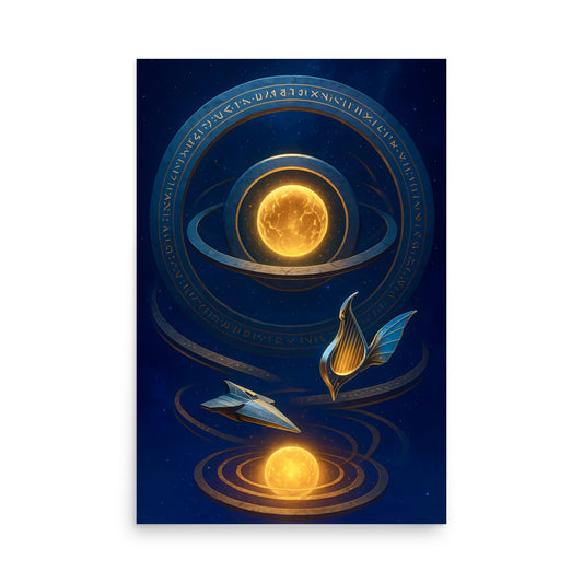 Decorative poster with celestial design featuring planets and stars on a dark blue background. Abstract space landscape poster.