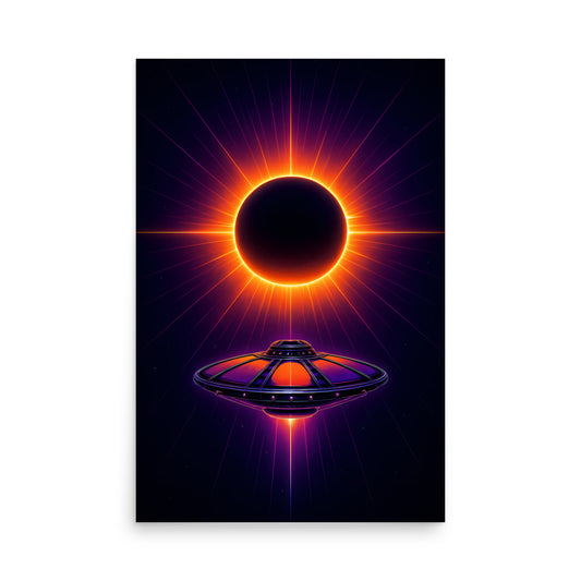 UFO design with a solar eclipse effect on a dark background. Abstract space landscape poster.