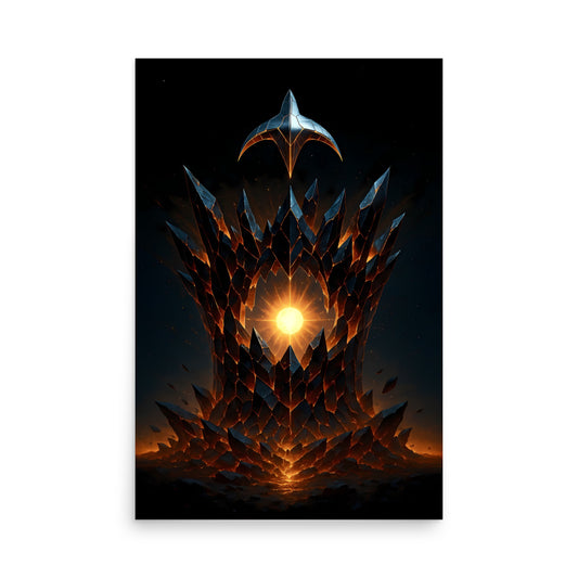 Artistic depiction of a fiery, spiked structure with a central light source against a dark background. Abstract space landscape poster.