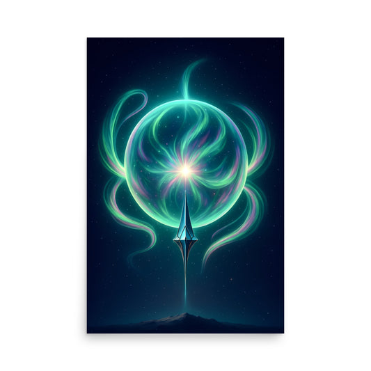 Futuristic design with a central light source and swirling energy patterns on a dark background. Abstract space landscape poster.