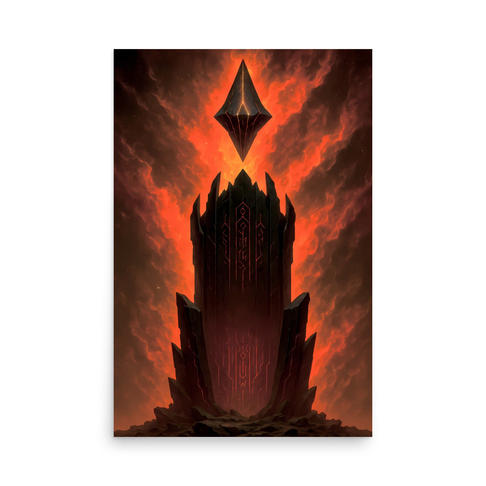 Mystical tower with a floating diamond-like structure against a fiery background. Abstract space landscape poster.